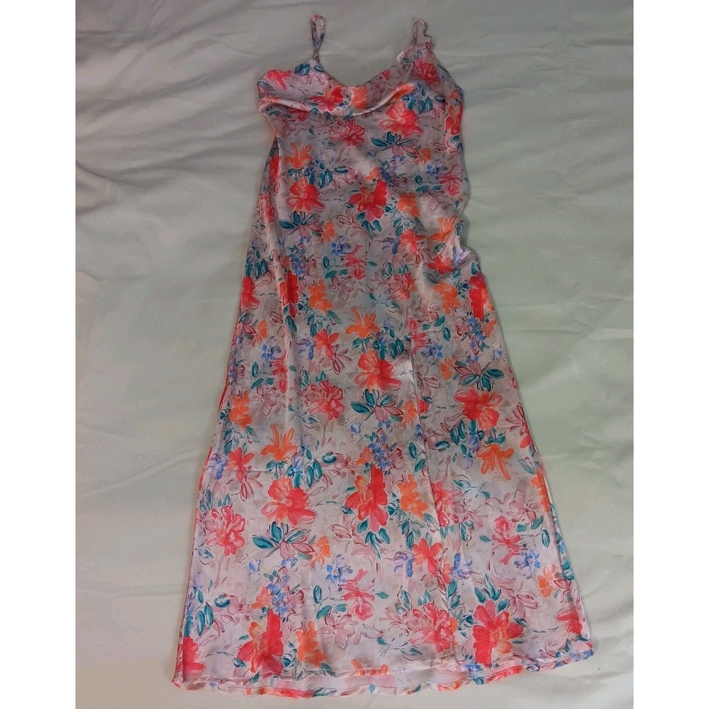 Floral Pink Satin Slip Dress with Cowl Neck - Picture 4 of 12